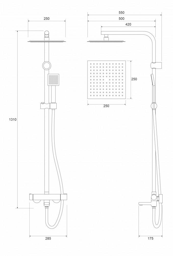 Baterija i usponski tuš sa izlivom COPEN NOOK mat crni četvrtasti set 2