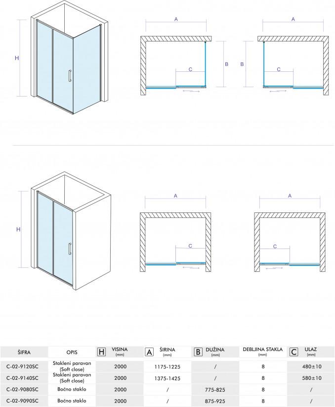 Stakleni paravan COPEN ALPHA 1200x2000 8mm staklo soft close 5