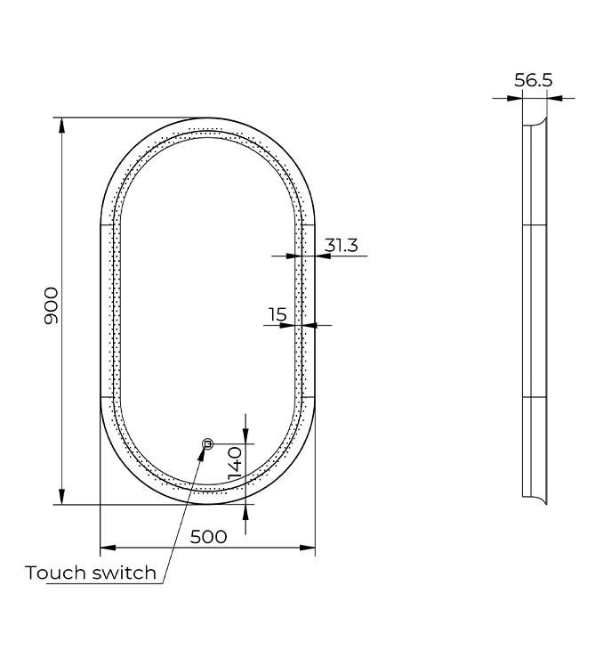 Ogledalo COPEN 500x900 sa alu ramom 56,5mm LED gunmetal 2