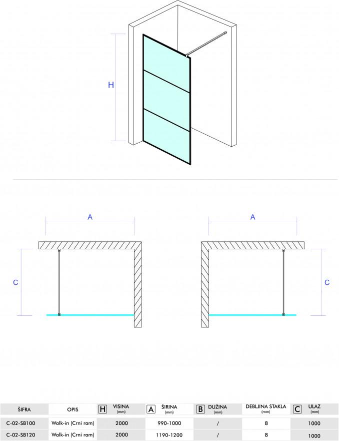 Walk-in COPEN MONTE 1200x2000 crni mat ram 8mm staklo 5