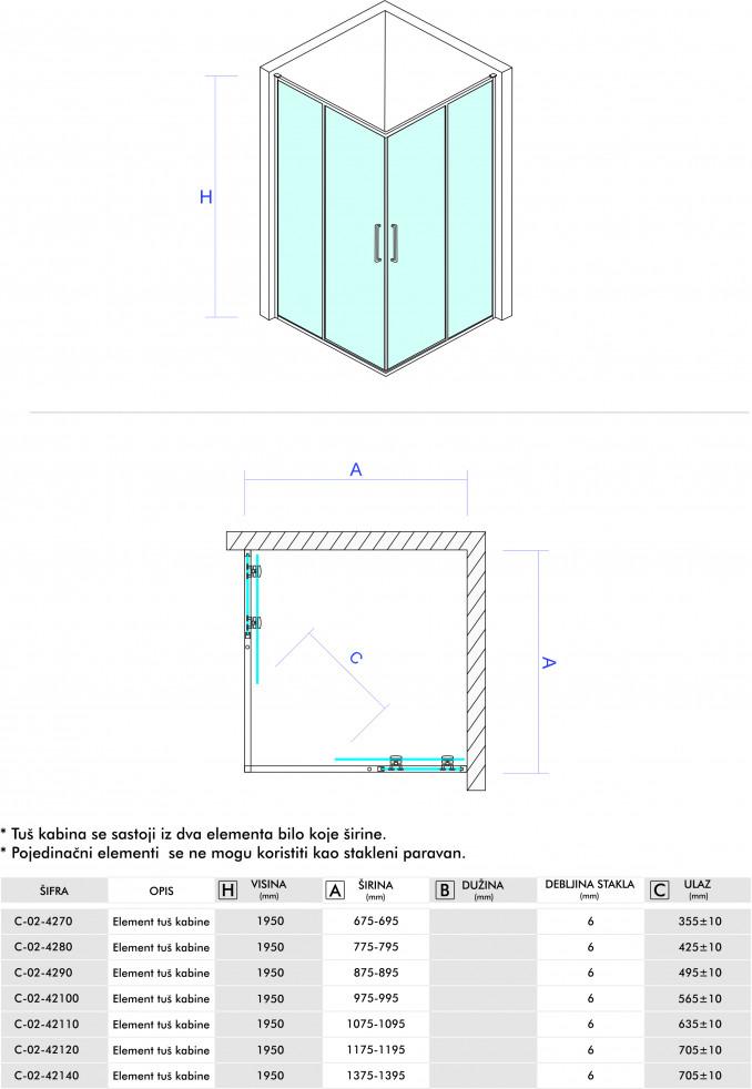 Element tuš kabine COPEN ATLAS ELEMENT 1100x1950 staklo 6mm providno 4