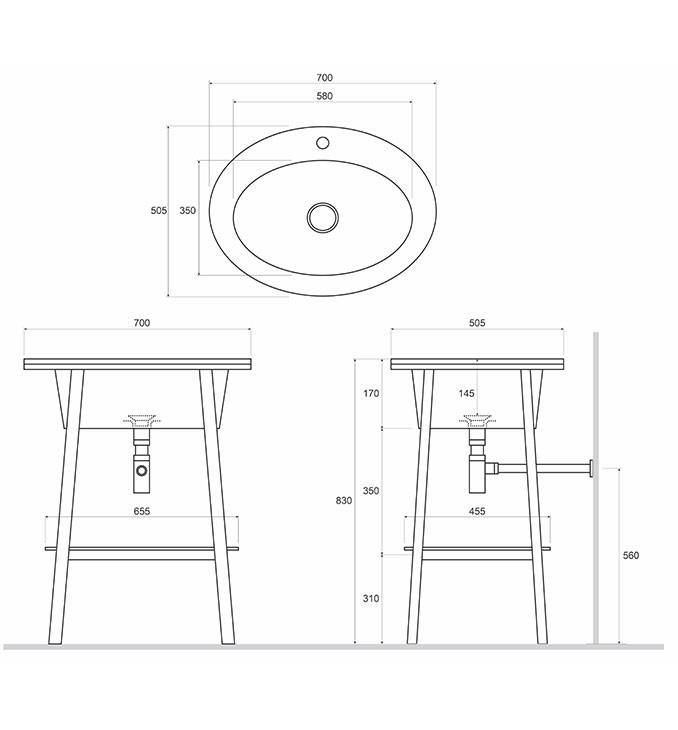 Lavabo COPEN sa postoljem i policom 700x500x825 i otvorom za slavinu matt white 2