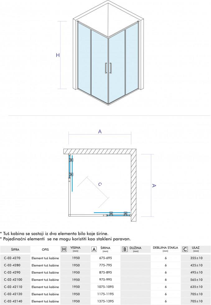 Element tuš kabine COPEN ATLAS ELEMENT 700x1950 staklo 6mm providno 4