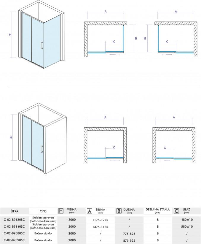Stakleni paravan COPEN ALPHA BLACK 1400x2000 8mm staklo 4