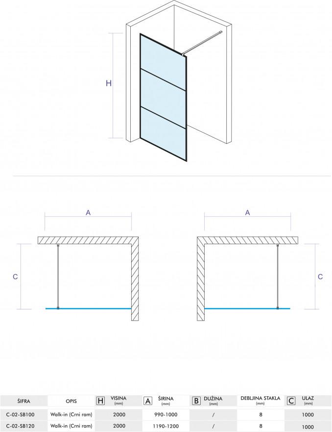 Walk-in COPEN MONTE 900x2000 crni mat ram 8mm staklo 5