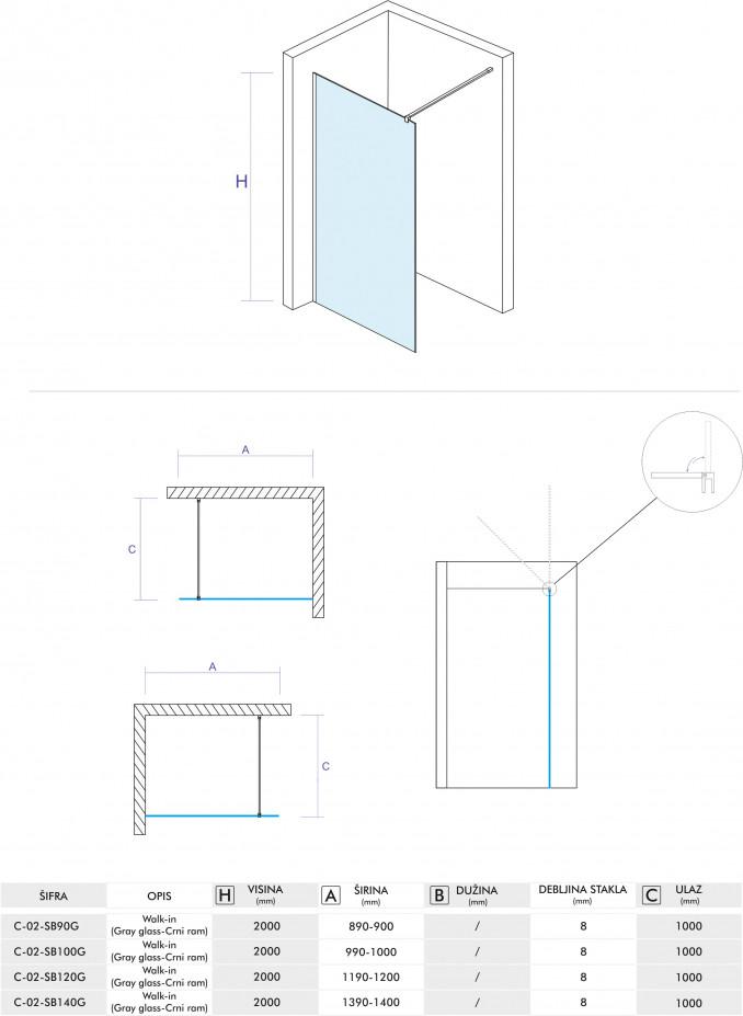 Walk-in COPEN MONTE DARK 1200x2000 crni mat ram 8mm grey staklo 6