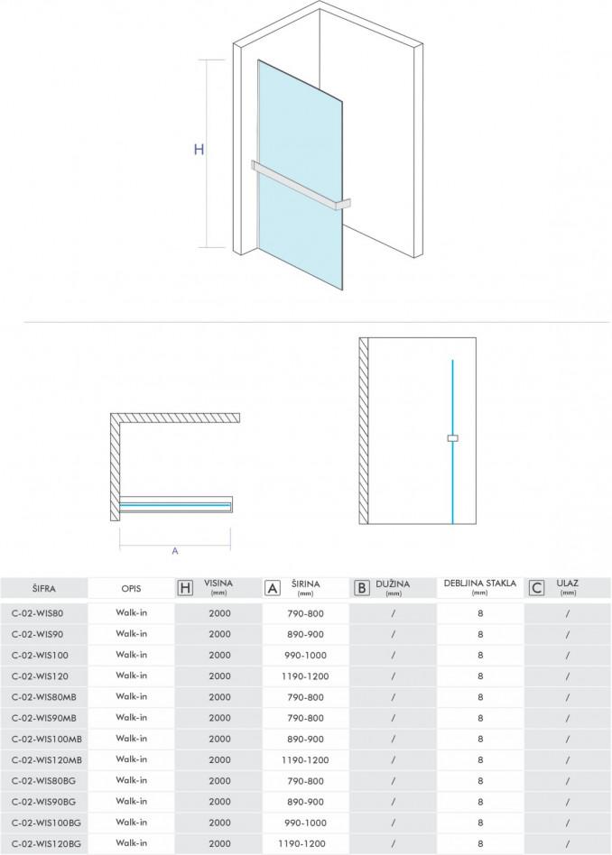 Walk-in COPEN MONTE SUPERIORE 1200x2000, 8mm staklo, polica i držač hrom 2