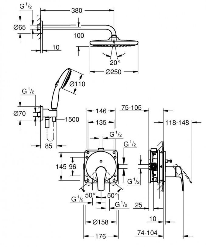 Ugradni set GROHE EUROSMART sa Tempesta tušem 250mm 2F 2