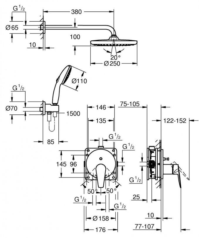 Ugradni set GROHE BAUEDGE sa Tempesta tušem 250mm 2F 2