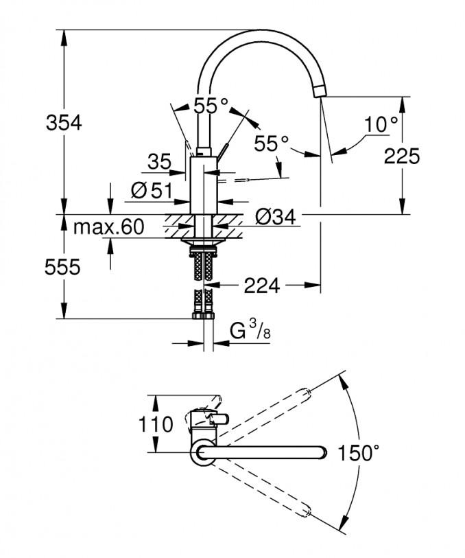 Baterija za sudoperu GROHE EUROSMART COSMOPOLITAN C 2