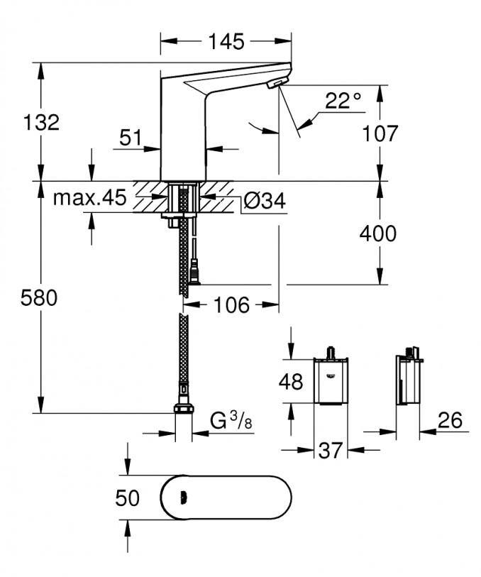 Senzorska baterija za lavabo GROHE EUROSMART COSMOPOLITAN E baterijsko napajanje 2