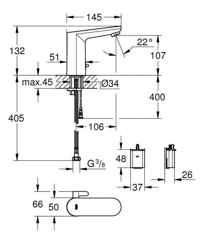 Senzorska baterija za lavabo GROHE EUROSMART COSMOPOLITAN E T/H bat. napaj 6V 2