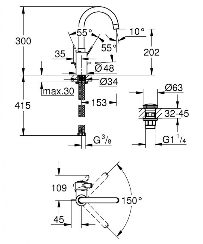 Baterija za lavabo GROHE EUROSMART COSMOPOLITAN L ''click'' 2