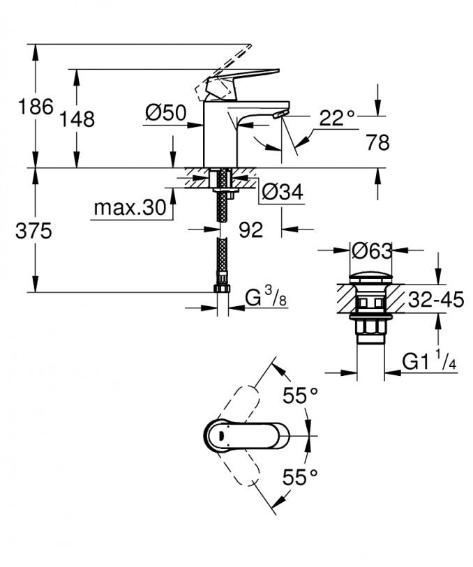 Baterija za lavabo GROHE EUROSMART COSMOPOLITAN S ''click'' 2