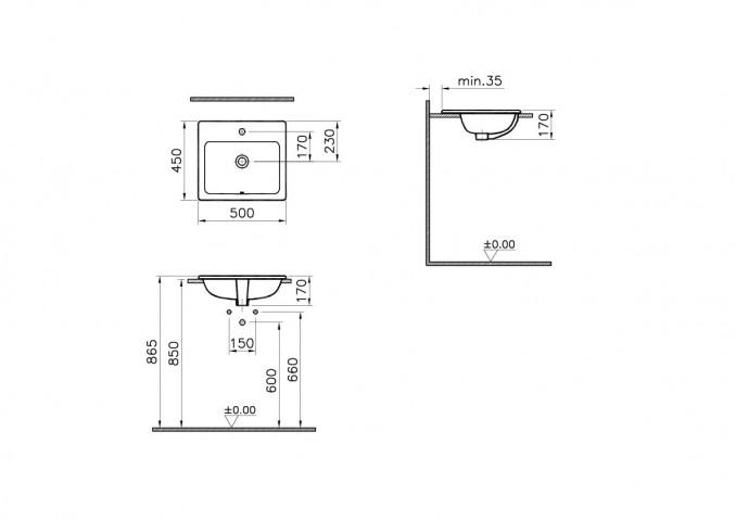 Lavabo ugradni VITRA S20 50x45cm četvrtasti 2