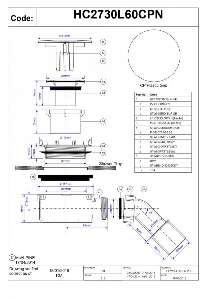 Sifon za tuš kadu McALPINE plitki fi90 kapa 110mm 2